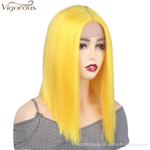 Vigorous Heat Resistant Synthetic Lace Front Wigs Glueless Short Bob Wig Yellow Color Short Straight Bob Wig For Black Women